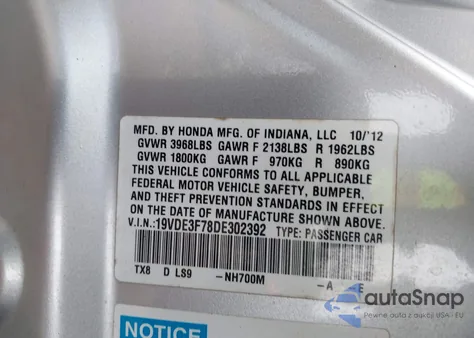 2013 Acura Ilx Hybrid 1.5L из США, поврежденный, VIN 19VDE3F78DE302392